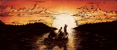 Illustration of Huckleberry Finn and Jim on the Mississippi